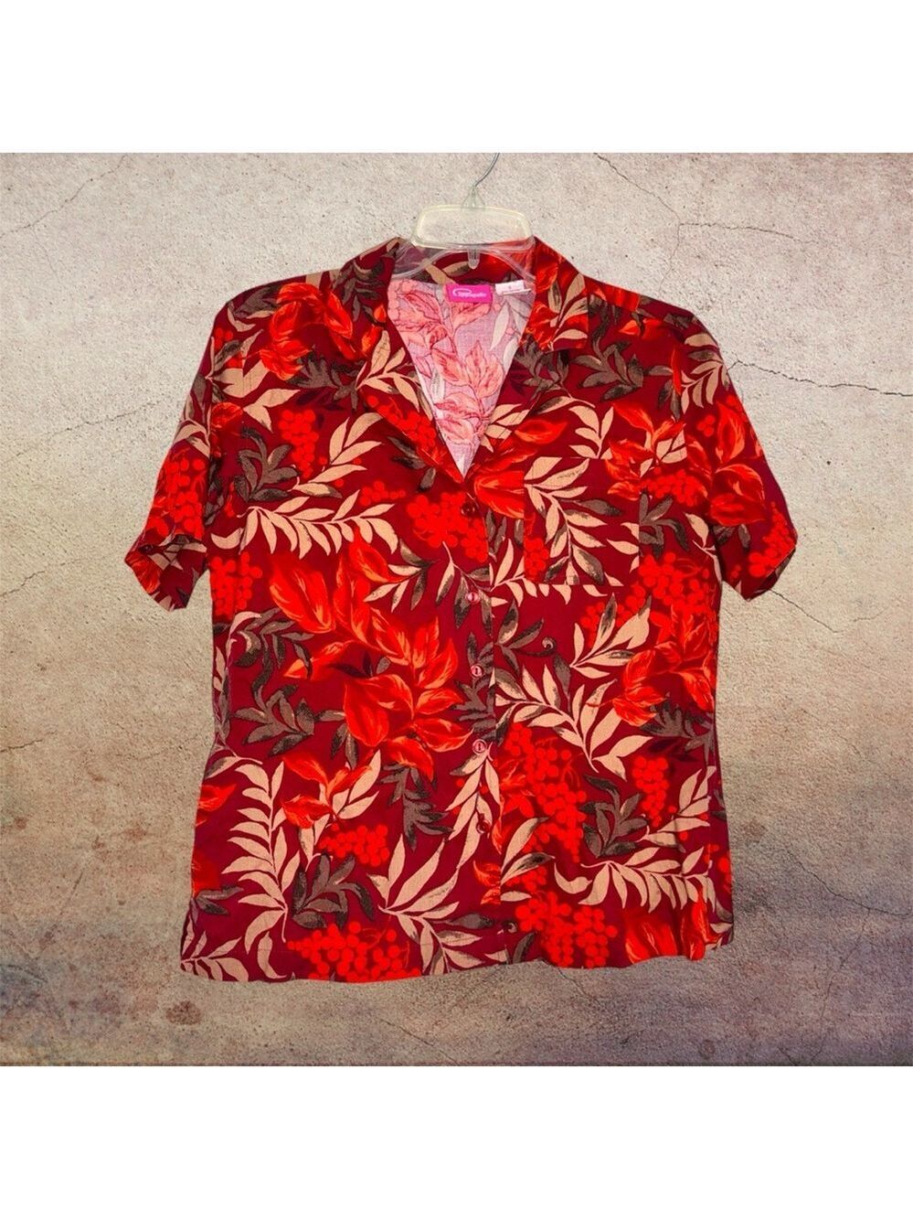 Pappagallo Vintage Style Red Floral Button-Front Short Sleeve Hawaiian Top S